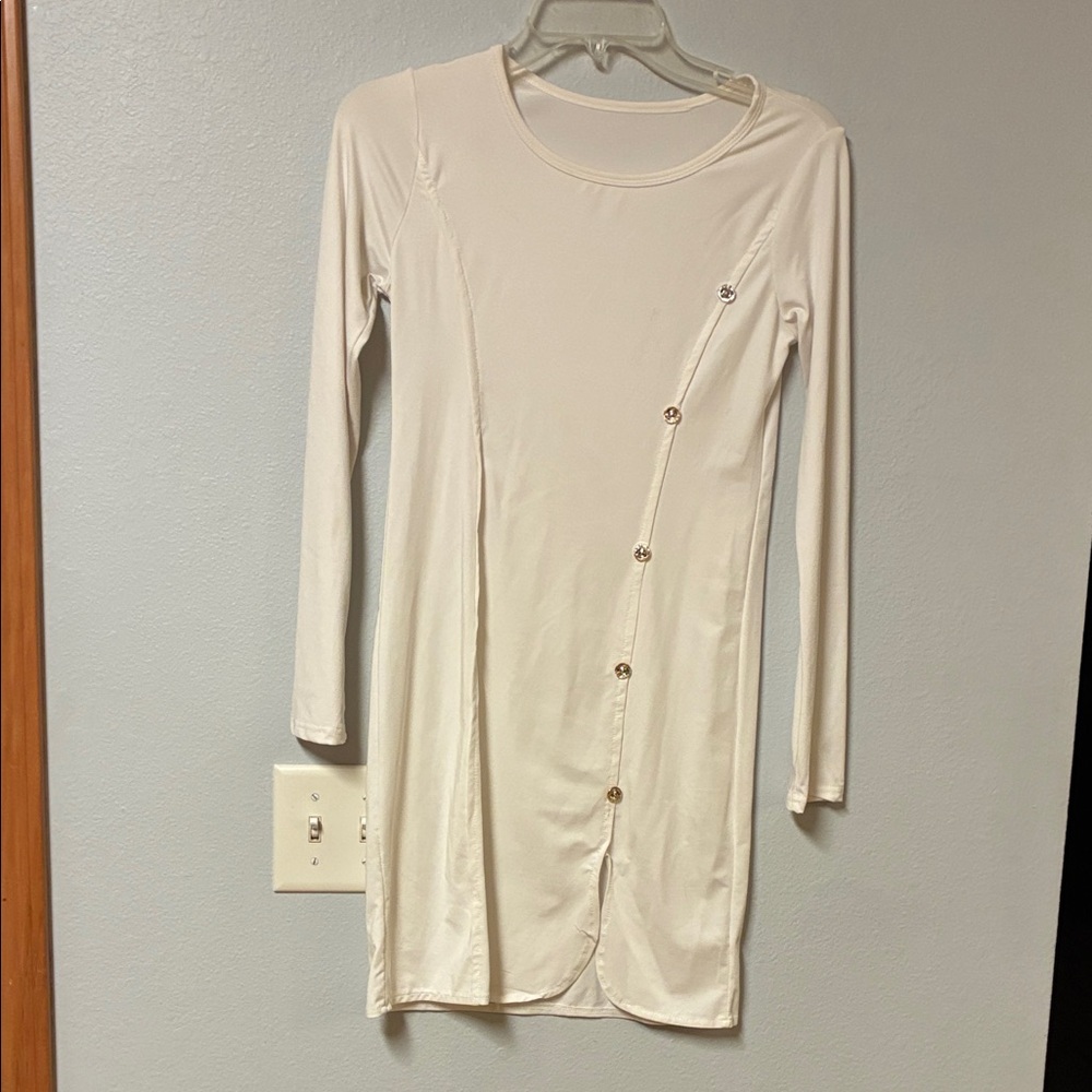 Long Sleeve Cream Button-Accent Women's Dress